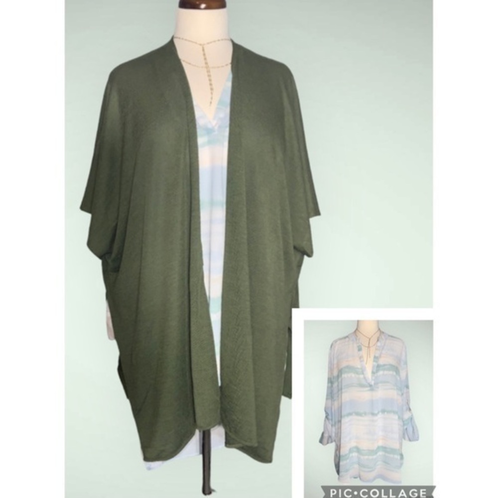 Truself Pastel Watercolor V-Neck Tunic & Olive Green Kimono 1X